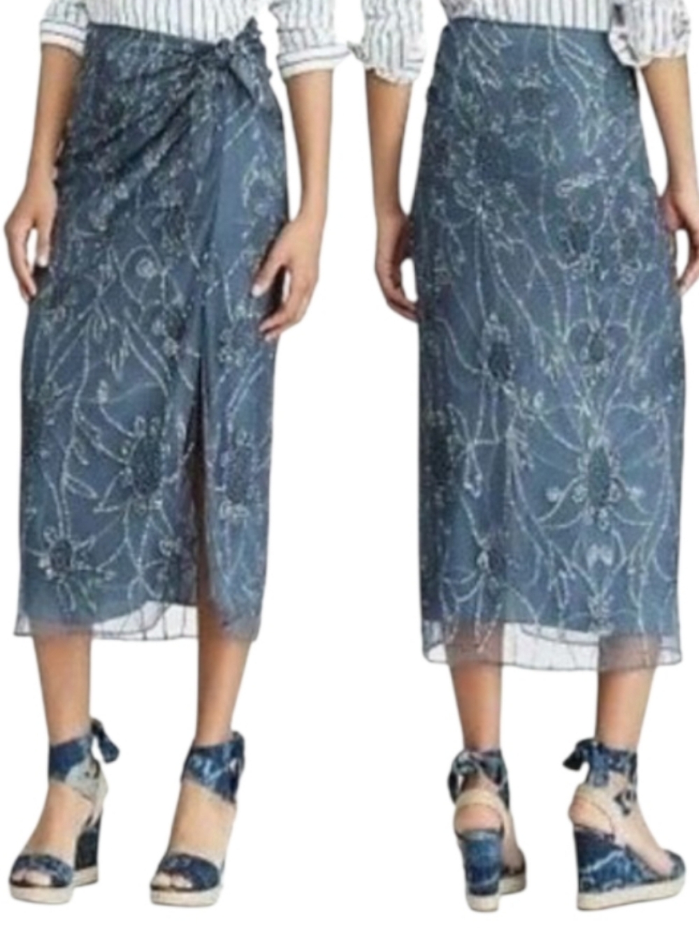 POLO Ralph Lauren Tulle Beaded Sequin Mock Wrap Midi Skirt